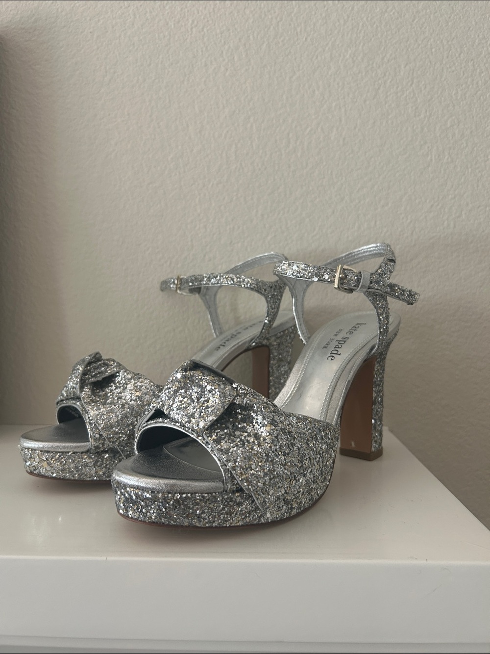 Kate Spade Miya Silver Glitter Bow Platform Sandal with Ankle Strap